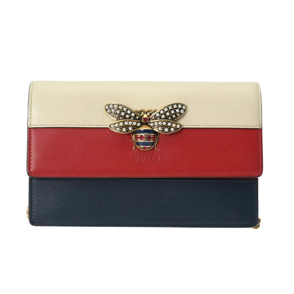 GUCCI Queen Margaret Bee Chain Wallet White Red Navy Blue Leather Shoulder Bag